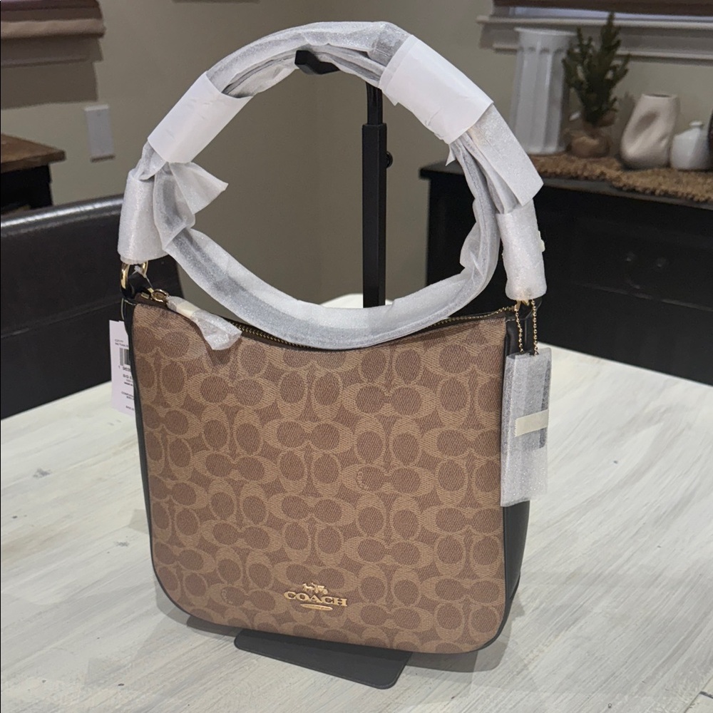 Coach Signature Ellie File Tan and Black Shoulder Bag